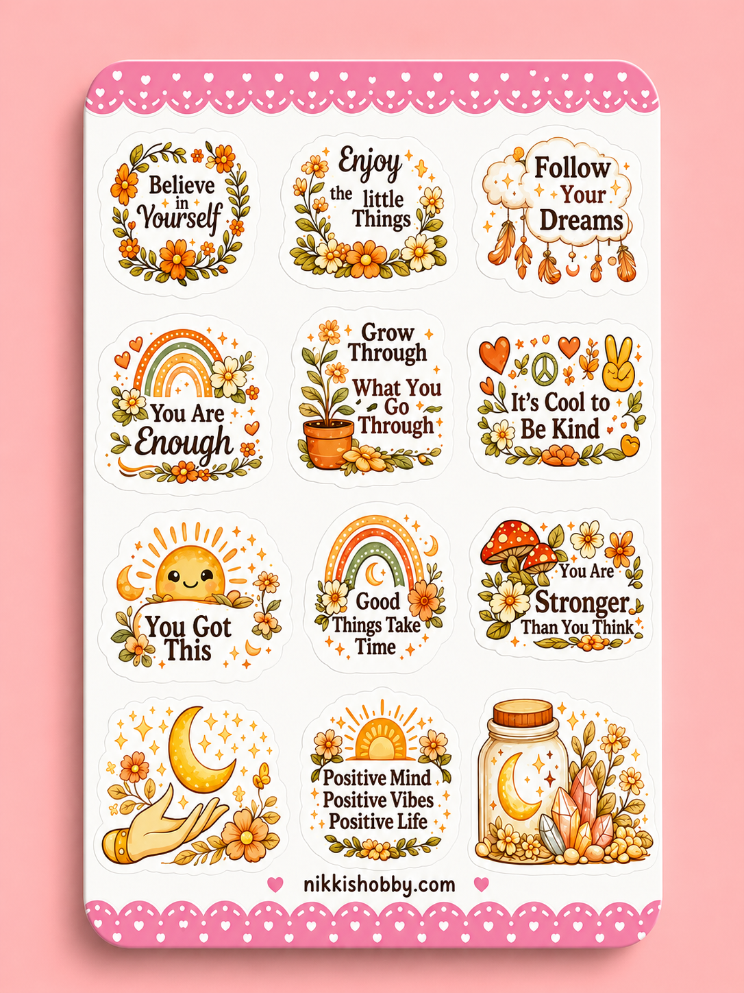 Boho Motivational Sticker Sheet | Cottagecore Floral Vinyl Stickers | Positive Quote Planner Stickers | Cute Self Care Aesthetic Decals