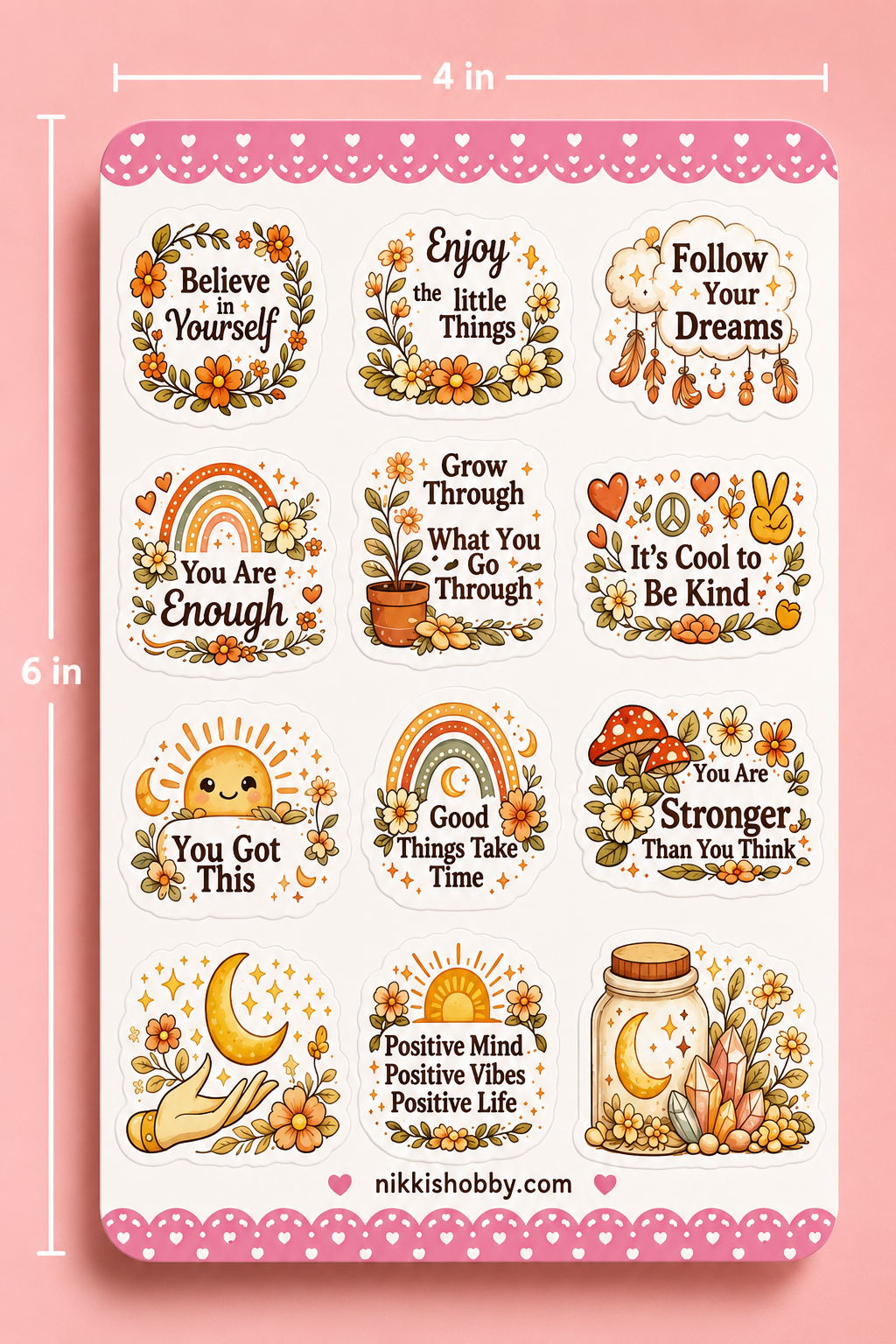 Boho Motivational Sticker Sheet | Cottagecore Floral Vinyl Stickers | Positive Quote Planner Stickers | Cute Self Care Aesthetic Decals