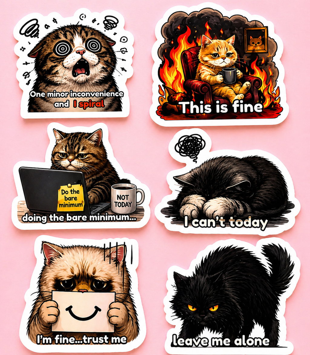 Burnout Cat Meme Sticker Pack | Funny Relatable Stickers | Waterproof Vinyl | Laptop, Journal, Gift
