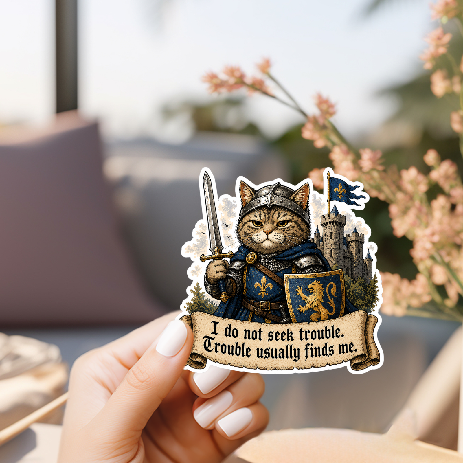 Medieval Cat Knight Sticker | Funny Quote Vinyl Decal | “I Do Not Seek Trouble” | Laptop, Journal, Gift Idea