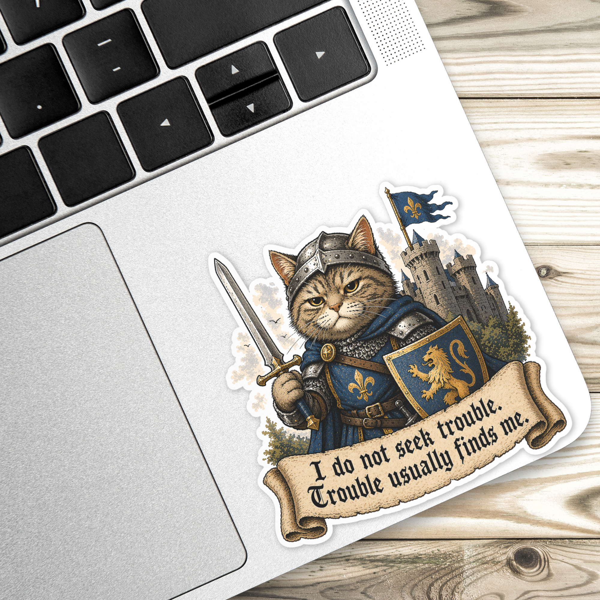 Medieval Cat Knight Sticker | Funny Quote Vinyl Decal | “I Do Not Seek Trouble” | Laptop, Journal, Gift Idea