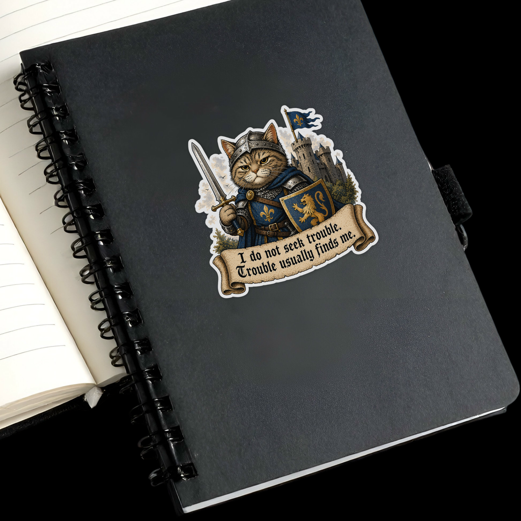 Medieval Cat Knight Sticker | Funny Quote Vinyl Decal | “I Do Not Seek Trouble” | Laptop, Journal, Gift Idea