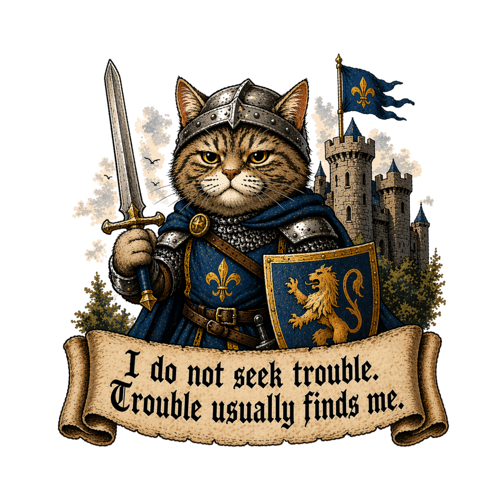 Medieval Cat Knight Sticker | Funny Quote Vinyl Decal | “I Do Not Seek Trouble” | Laptop, Journal, Gift Idea
