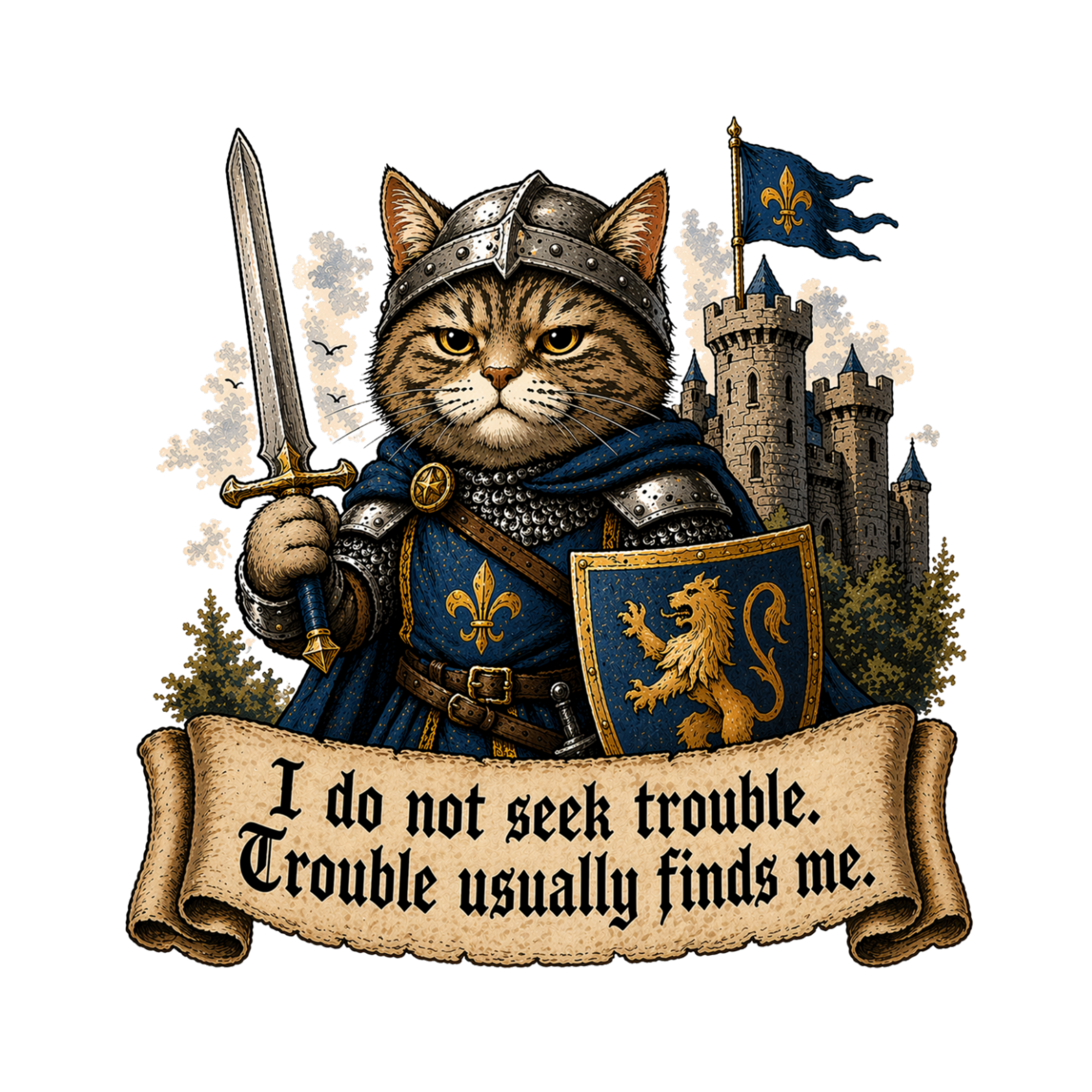 Medieval Cat Knight Sticker | Funny Quote Vinyl Decal | “I Do Not Seek Trouble” | Laptop, Journal, Gift Idea