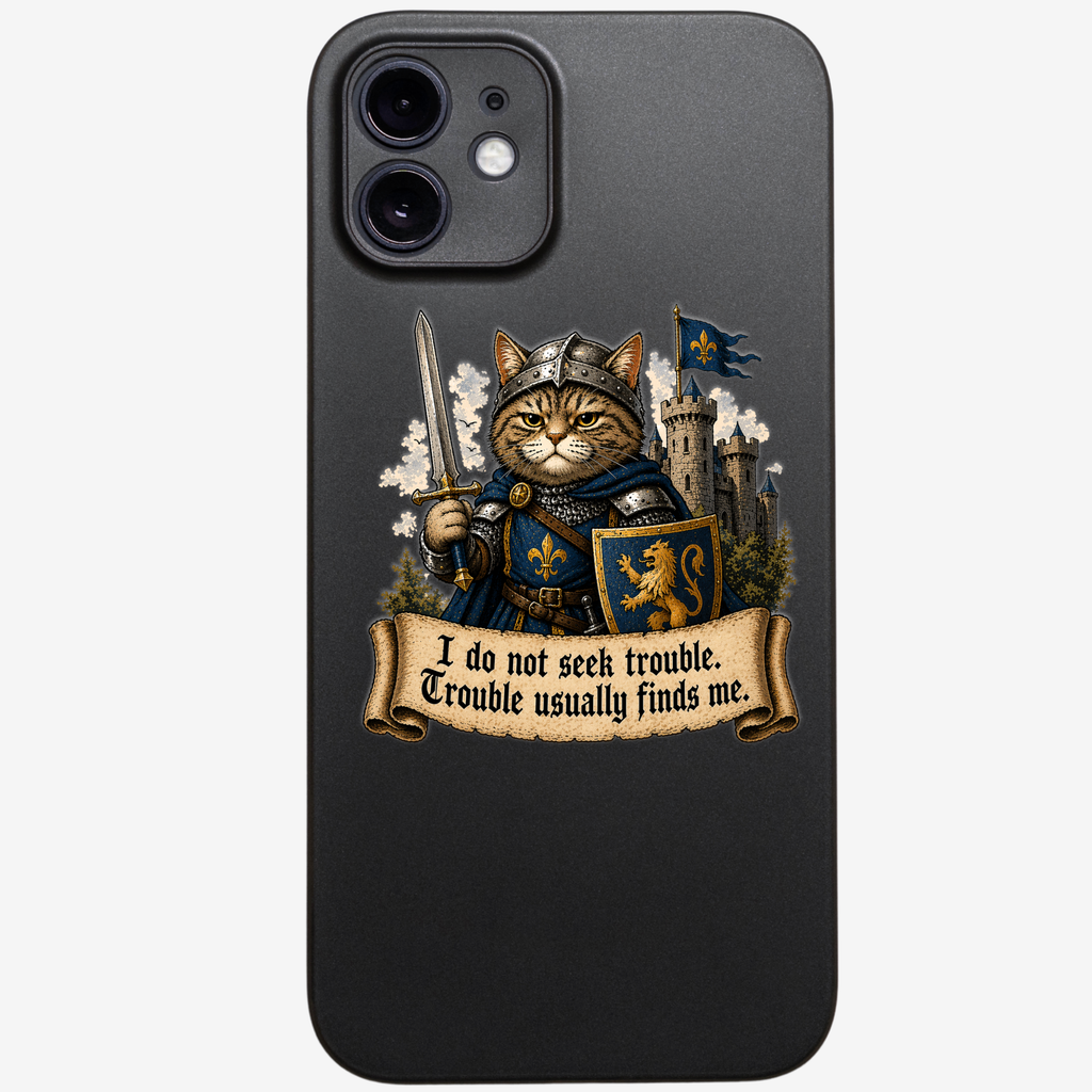 Medieval Cat Knight Sticker | Funny Quote Vinyl Decal | “I Do Not Seek Trouble” | Laptop, Journal, Gift Idea