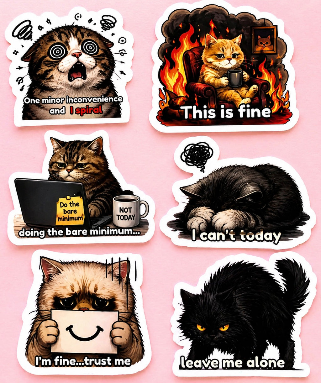 Burnout Cat Meme Sticker Pack | Funny Relatable Stickers | Waterproof Vinyl | Laptop, Journal, Gift