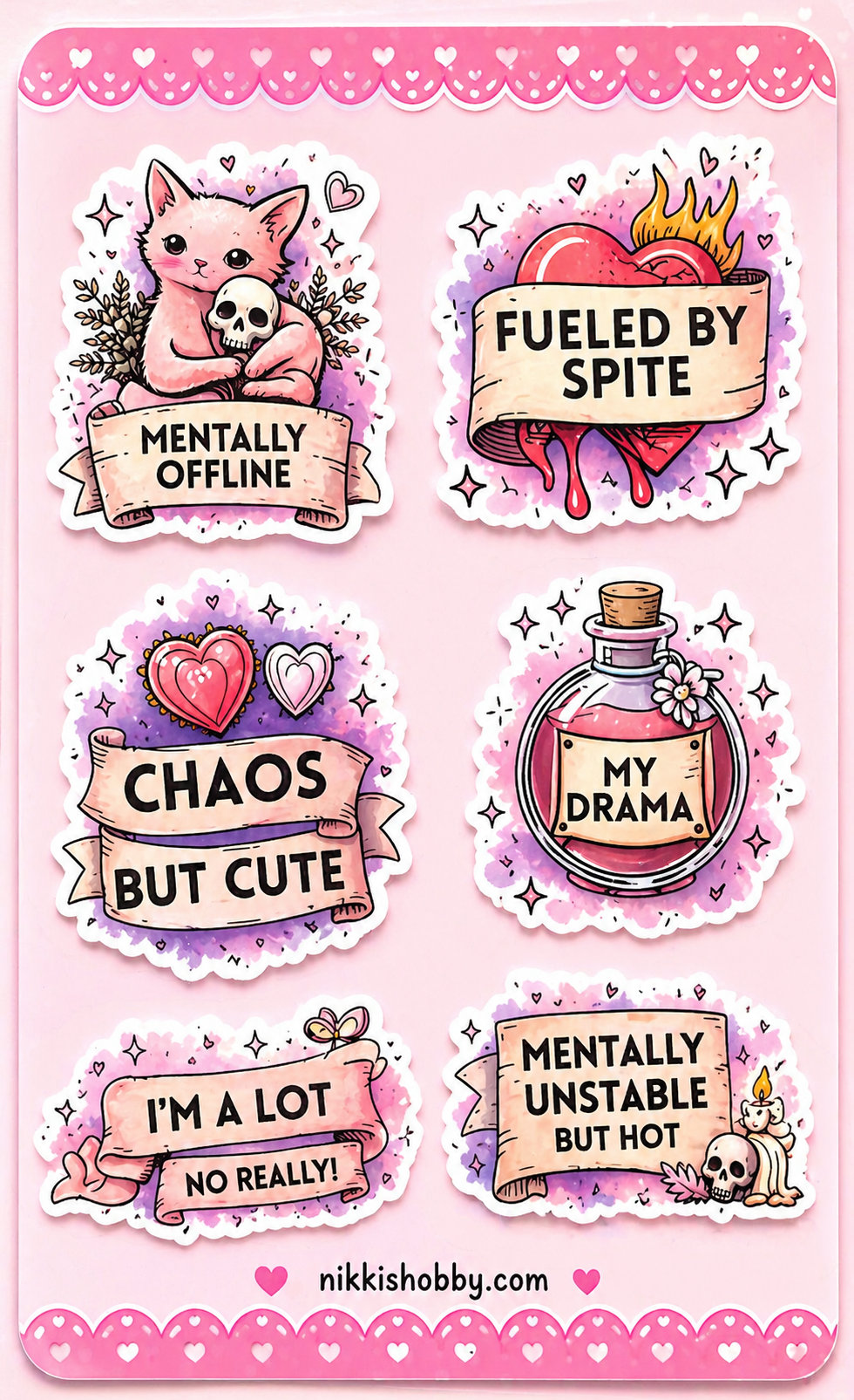 Cute Chaos Sticker Sheet | Funny Sassy Pink Waterproof Vinyl Stickers | Kawaii Gothic Planner Laptop Journal Decals