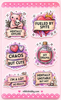 Cute Chaos Sticker Sheet | Funny Sassy Pink Waterproof Vinyl Stickers | Kawaii Gothic Planner Laptop Journal Decals