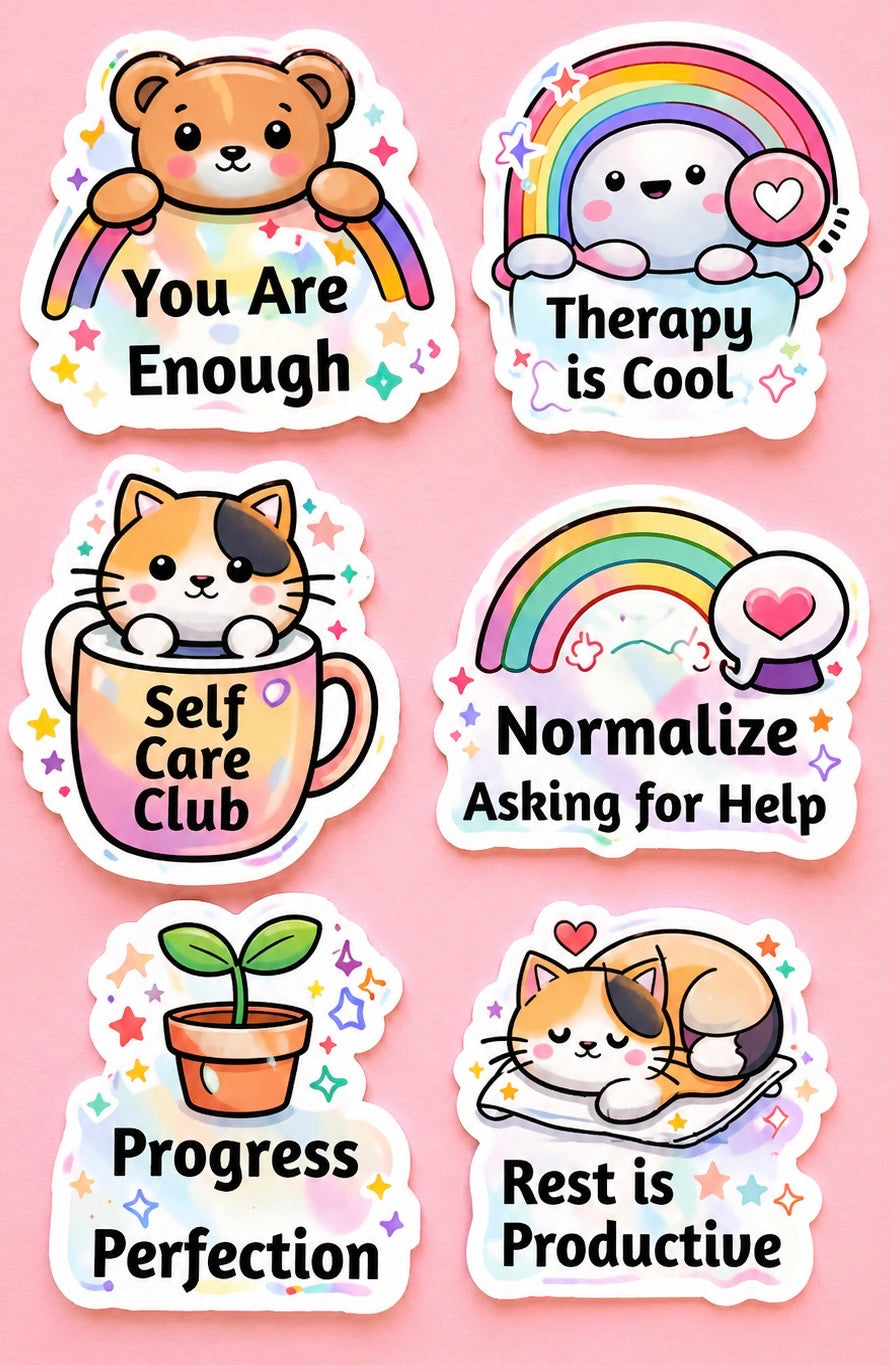 Mental Health Sticker Pack 2 | Self Care Stickers | Cute Kawaii Therapy Stickers | Positive Affirmation Vinyl Stickers
