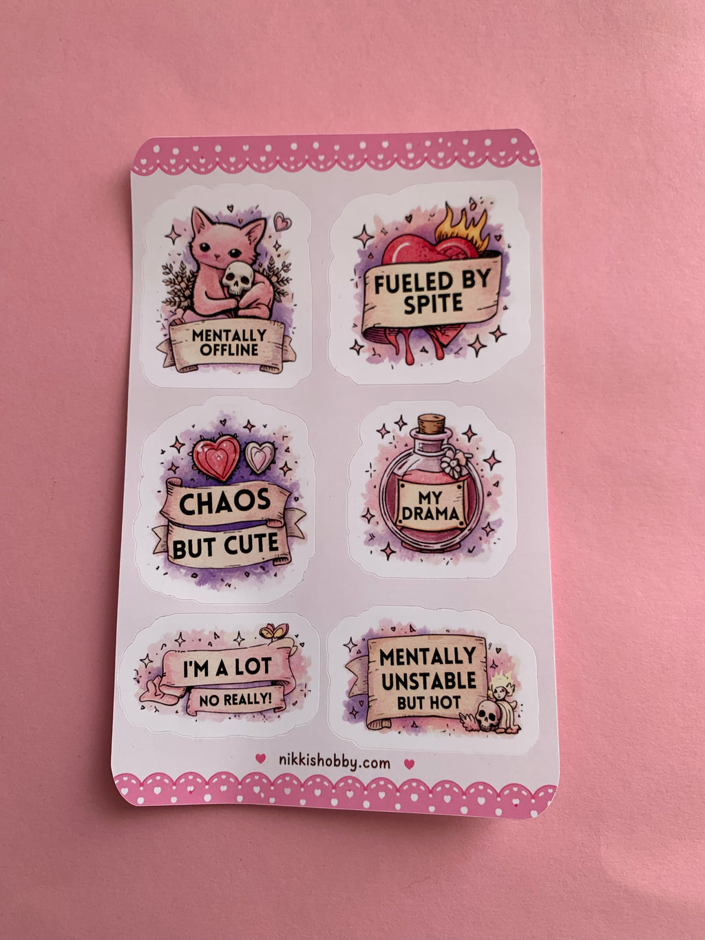 Cute Chaos Sticker Sheet | Funny Sassy Pink Waterproof Vinyl Stickers | Kawaii Gothic Planner Laptop Journal Decals