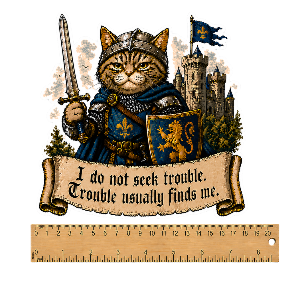Medieval Cat Knight Sticker | Funny Quote Vinyl Decal | “I Do Not Seek Trouble” | Laptop, Journal, Gift Idea